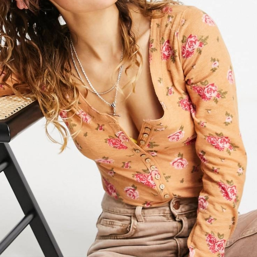 Free People Dylan floral printed henley bodysuit in peach